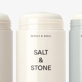 Salt & Stone deodorant trio set displayed on a bathroom shelf