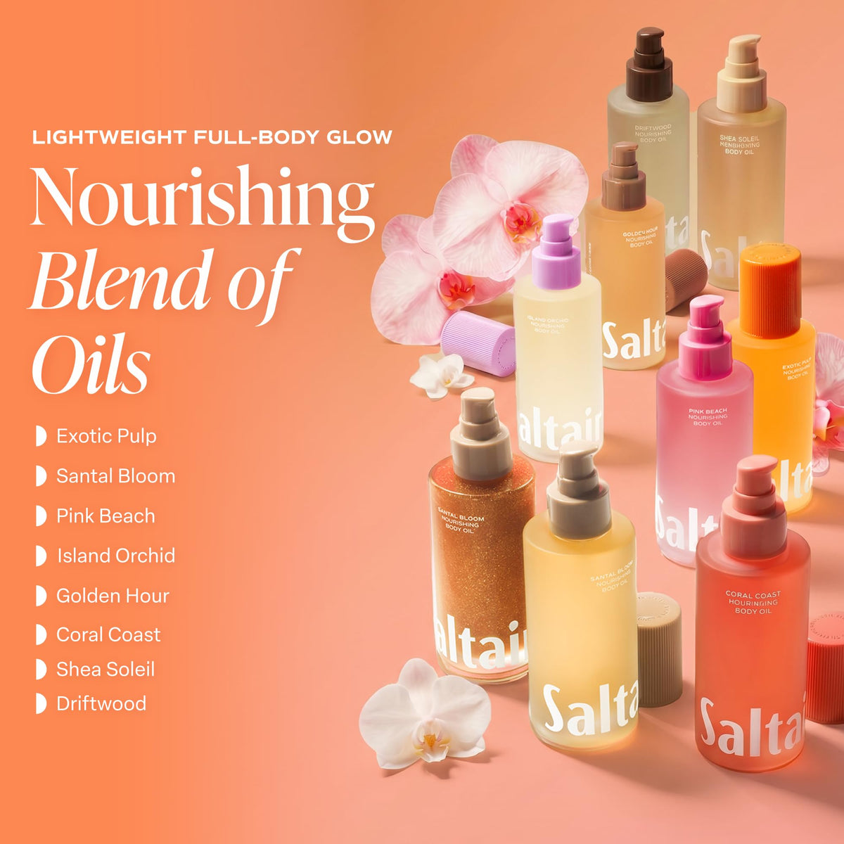 Saltair Body Oil bottle with tropical fruits background