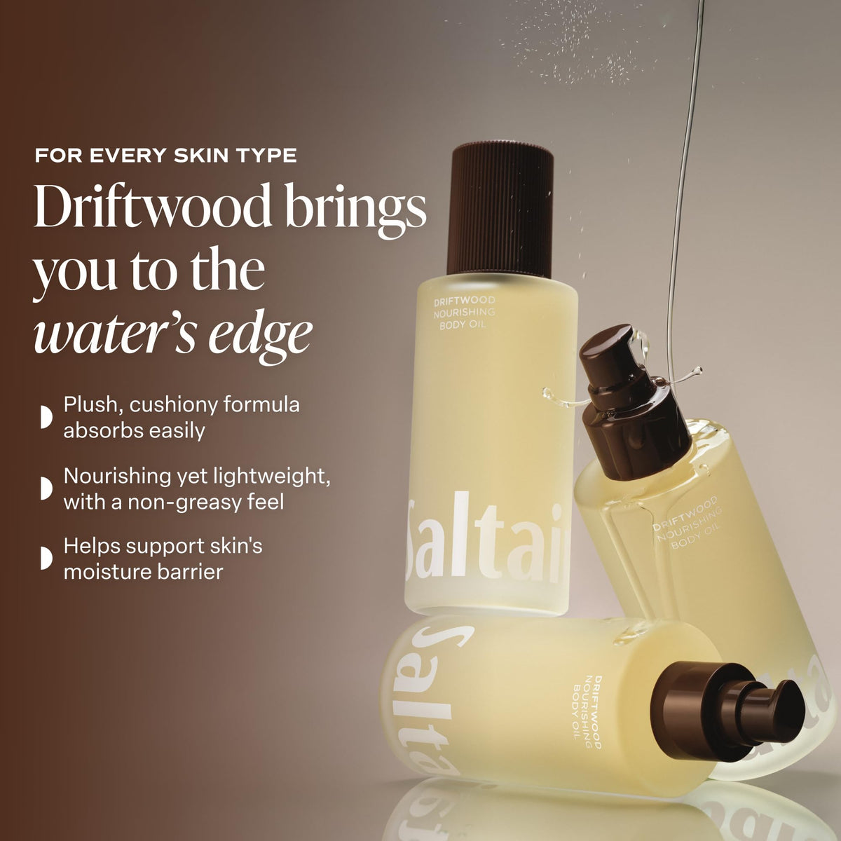 Saltair Body Oil Driftwood packaging display