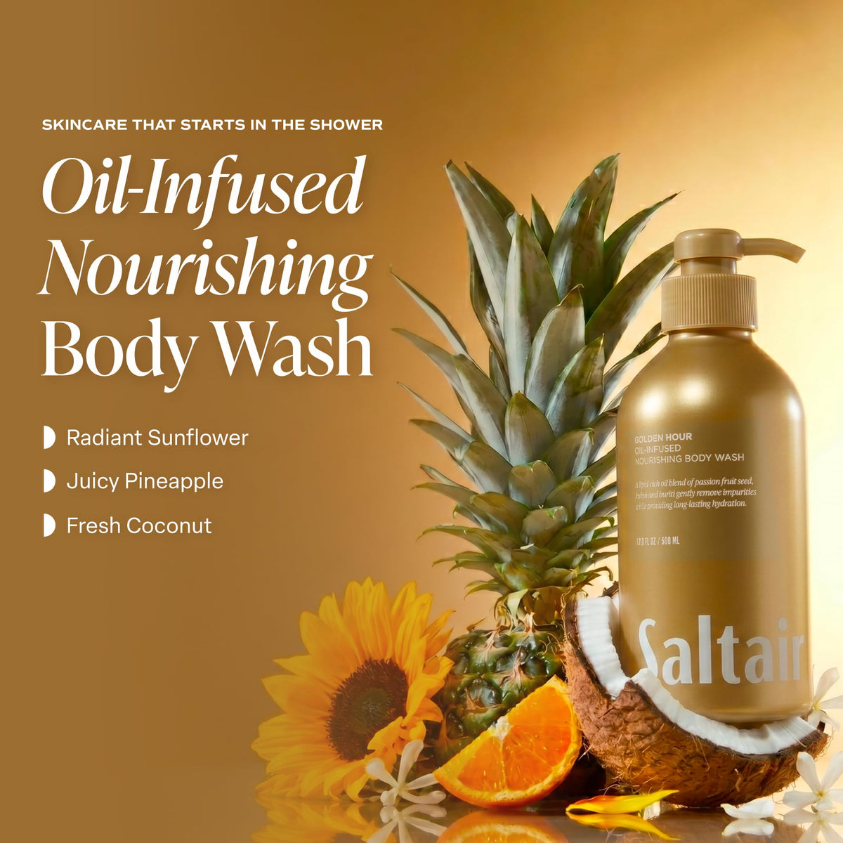 Saltair Body Wash pump bottle with golden hour design