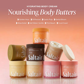 Saltair Multi-Lipid Body Butter packaging with tropical background