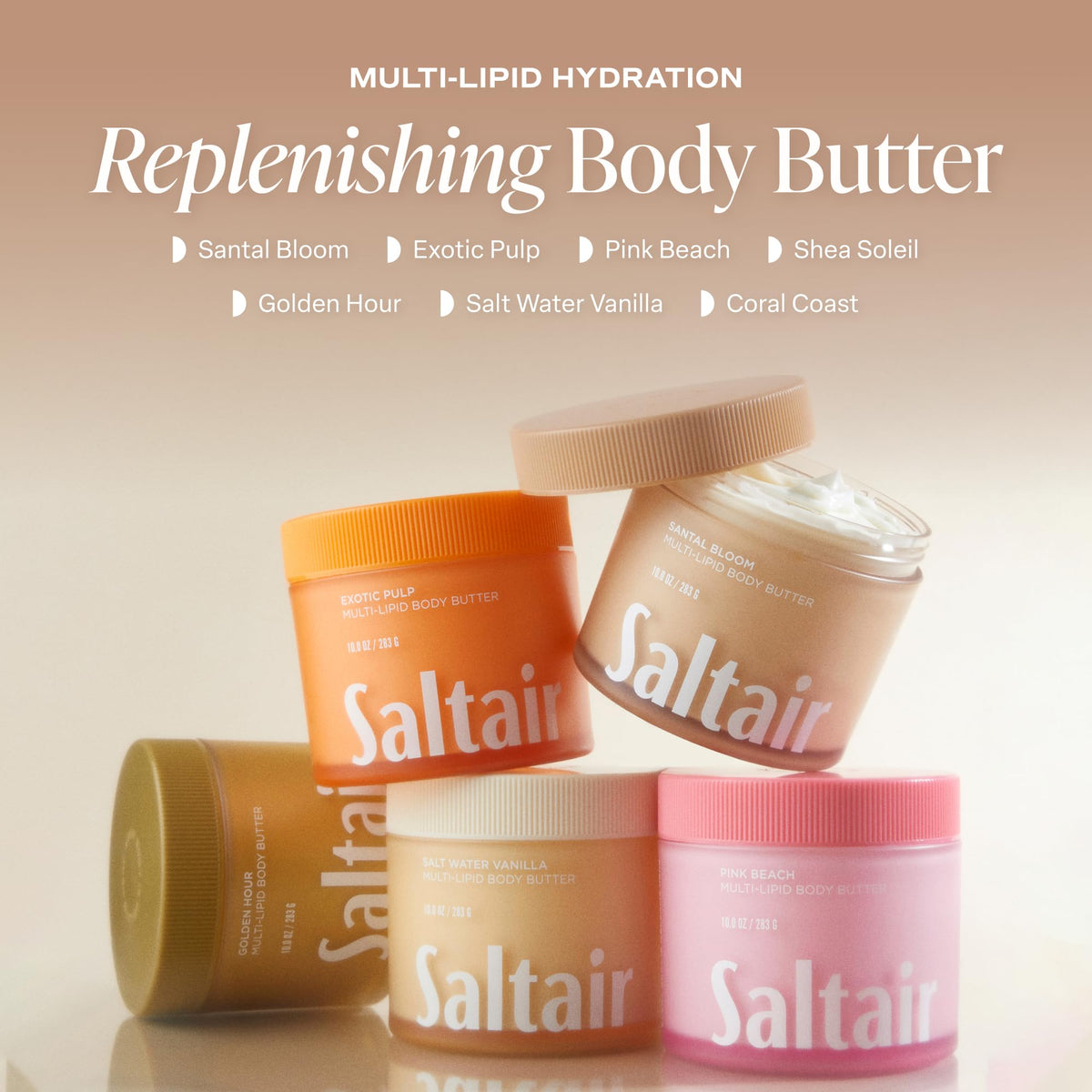 Saltair Multi-Lipid Body Butter Santal Bloom on a wooden table