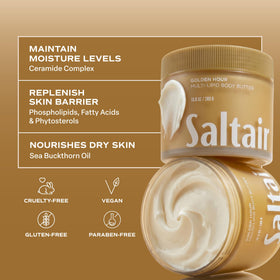 Saltair Multi-Lipid Body Butter with a soft towel and flowers