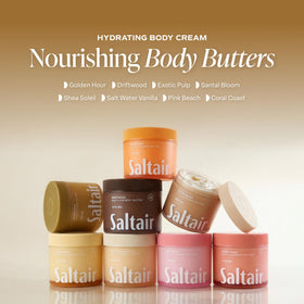 Saltair Multi-Lipid Body Butter with tropical fruits background