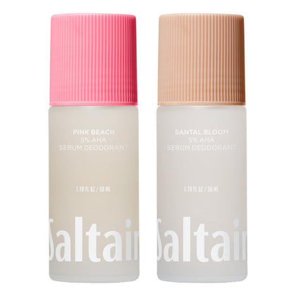 Saltair Serum Deodorant 2 Pack front view showcasing Santal Bloom and Pink Beach scents