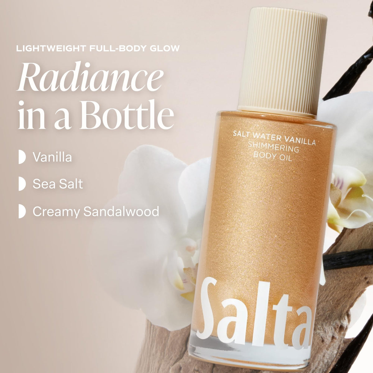 Saltair Shimmering Body Oil packaging with ingredients