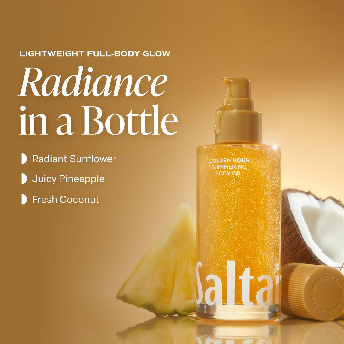 Saltair Shimmering Body Oil packaging with tropical design