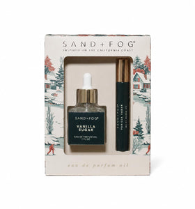 Sand + Fog Vanilla Sugar Eau De Parfum Oil Set front view with dropper and roller