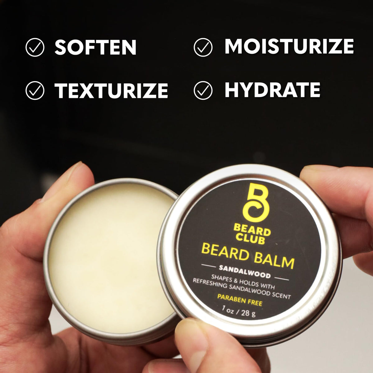 Sandalwood Beard Balm texture close-up on a wooden surface