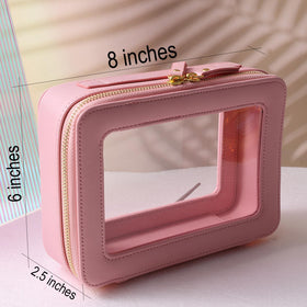 SANHECUN Toiletry Bag Pink dimensions on a table