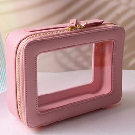 SANHECUN Toiletry Bag Pink opened with cosmetics inside
