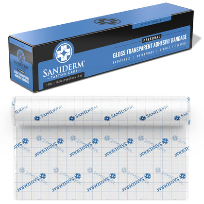 Saniderm Tattoo Aftercare Bandage front view, 10.2 in x 2 yd