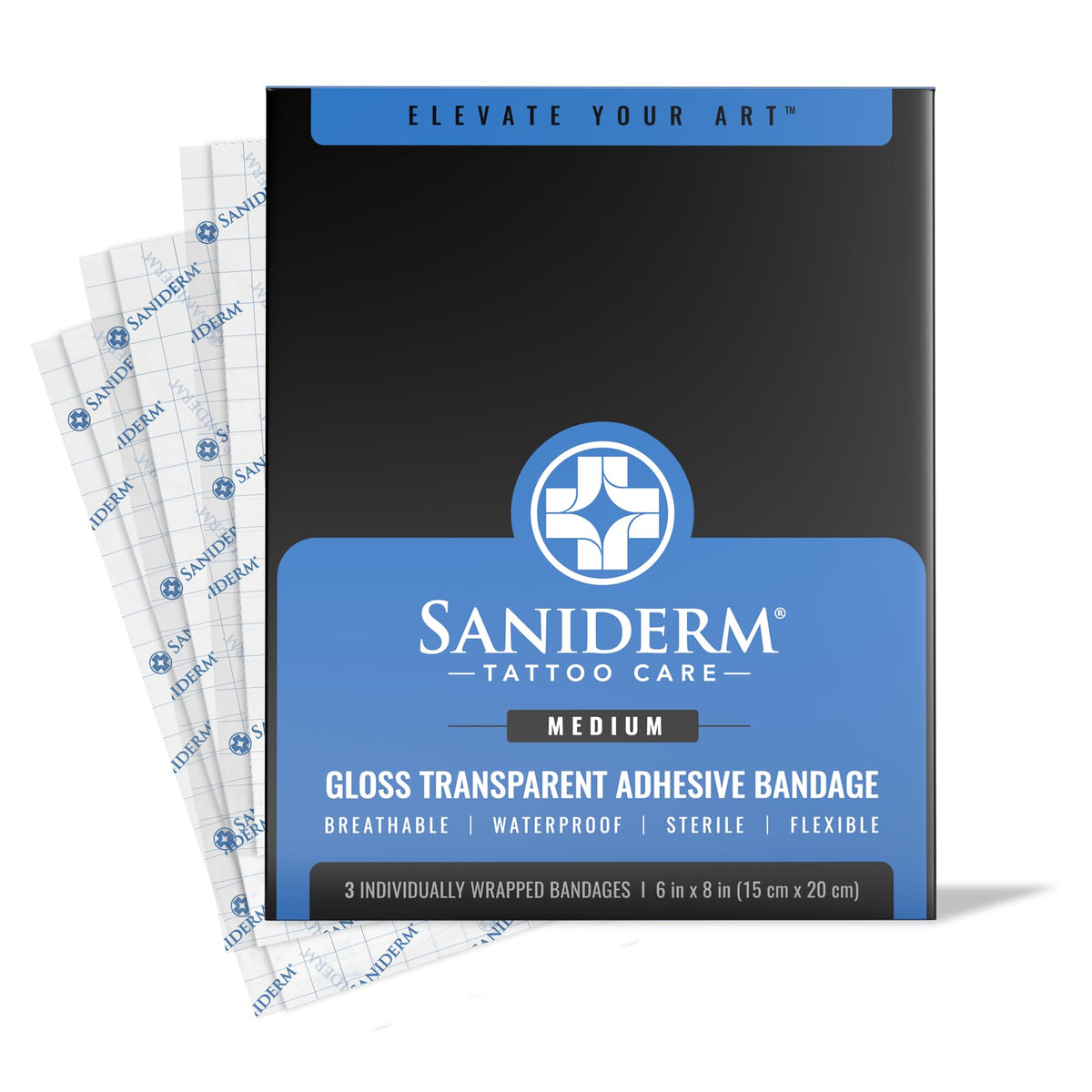 Saniderm Tattoo Aftercare Bandage pack showing three sheets
