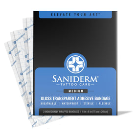 Saniderm Tattoo Aftercare Bandage pack showing three sheets