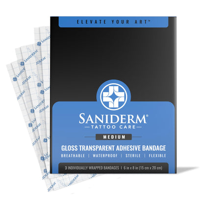 Saniderm Tattoo Aftercare Bandage pack showing three sheets