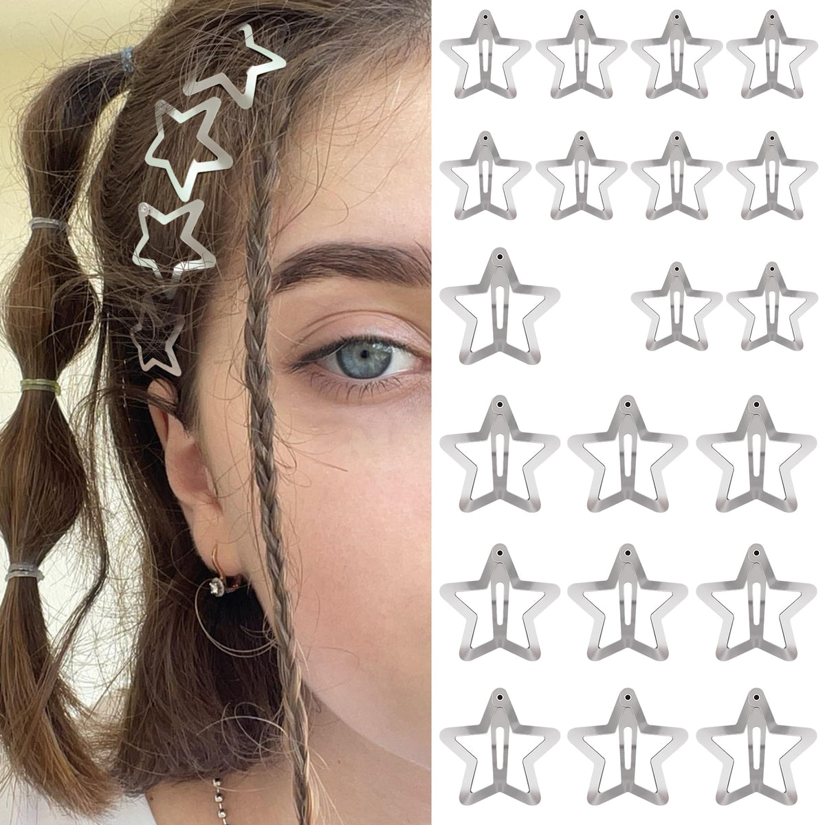 SAOROPEB star hair clips pack showing 20 pieces in silver