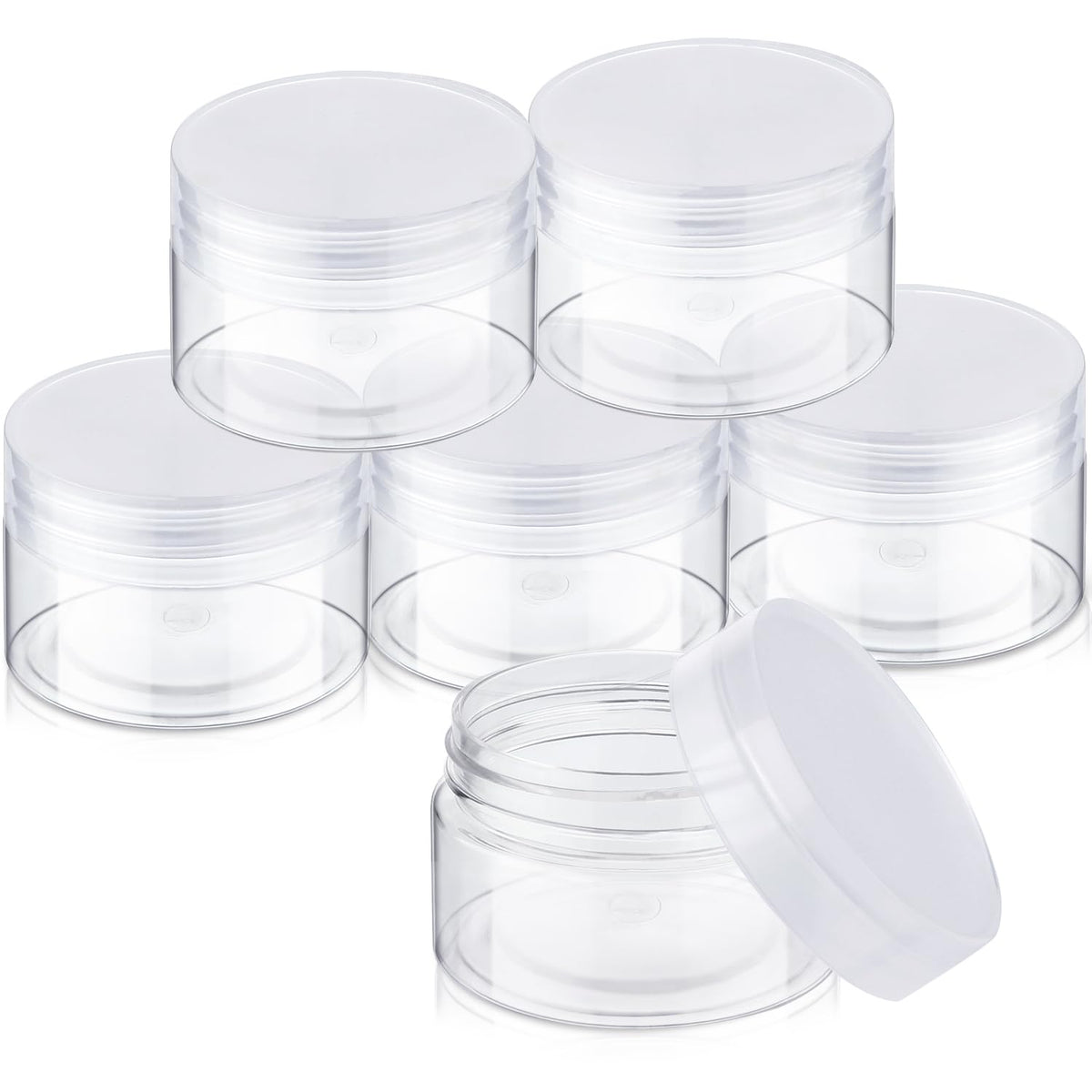 SATINIOR 6 Pack Clear Plastic Jars front view with screw-on lids
