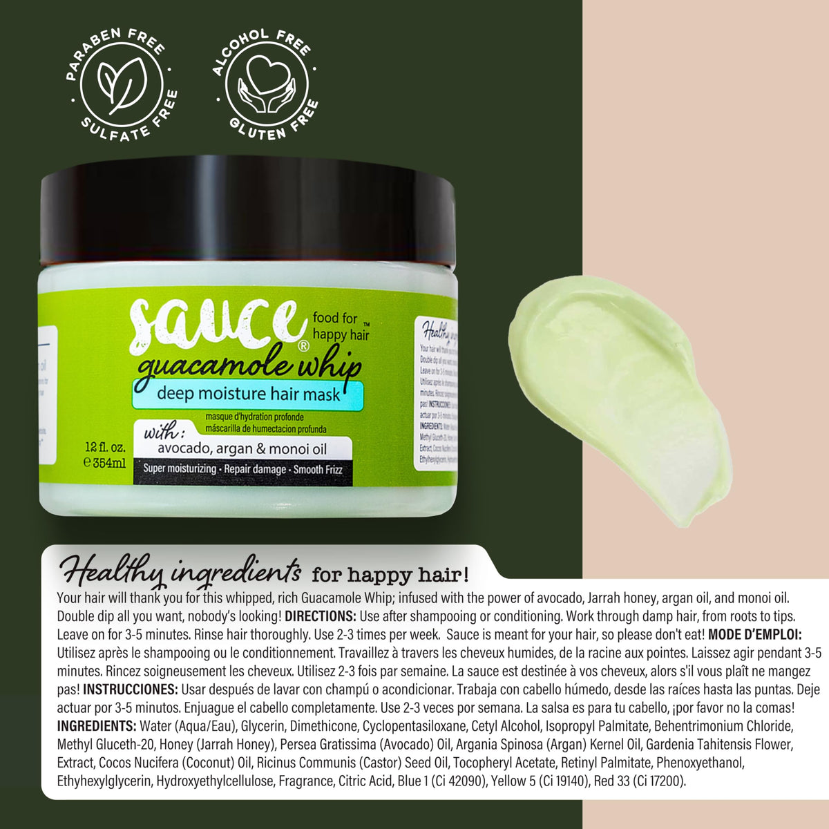 SAUCE BEAUTY Deep Conditioning Hair Mask Guacamole Whip in a bathroom setting