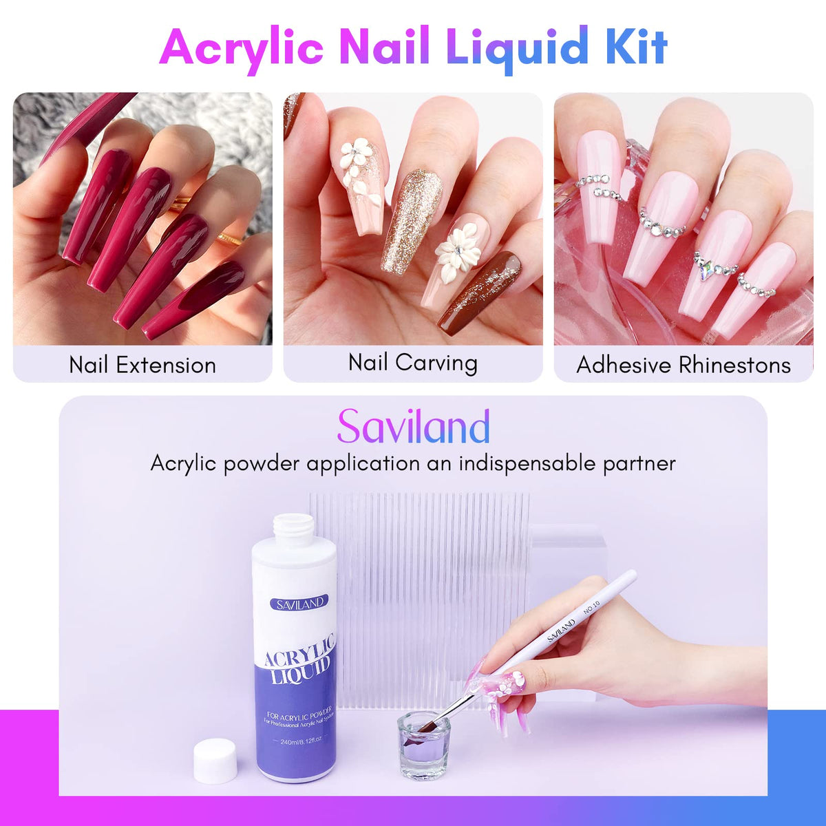 SAVILAND acrylic nail brushes set sizes 8, 10, 14