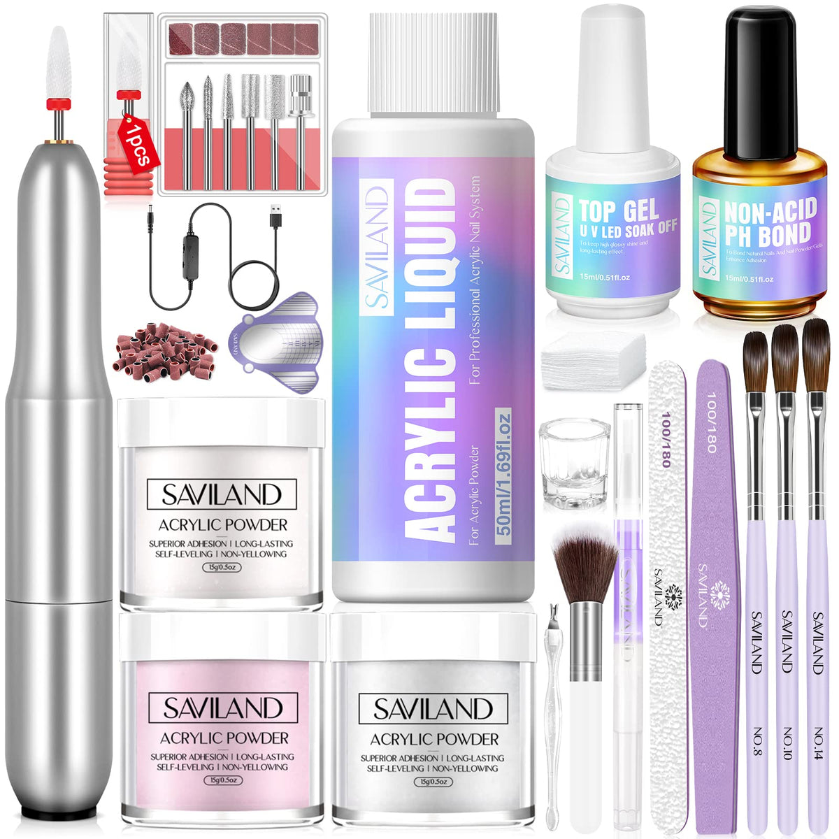 SAVILAND Acrylic Nail Kit components including powders and tools