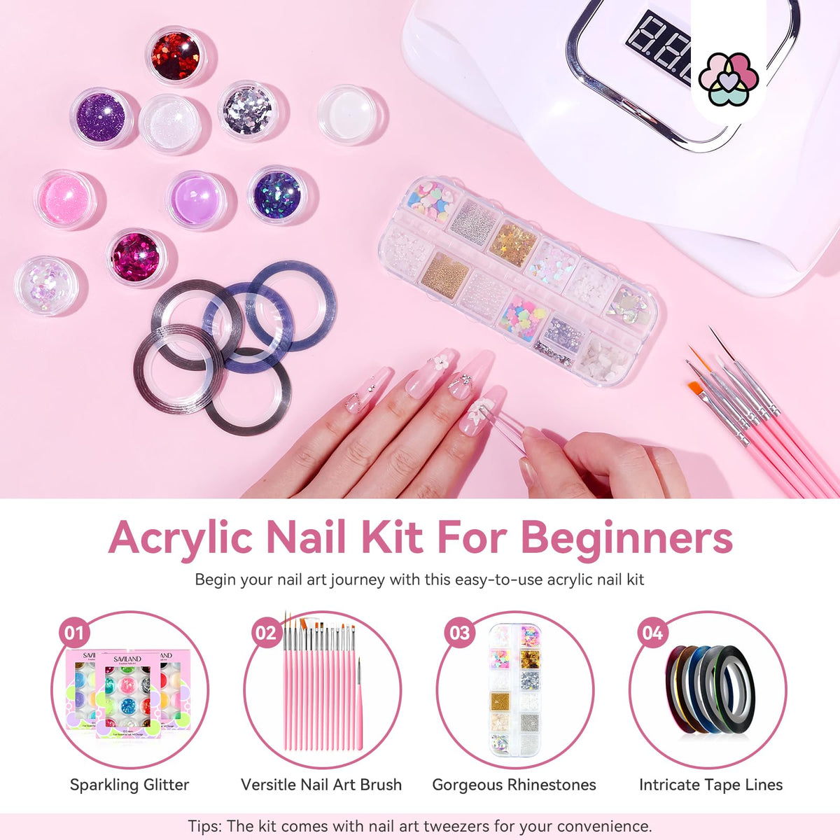 SAVILAND Acrylic Nail Kit components laid out