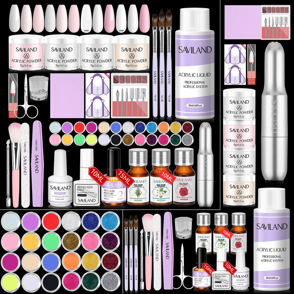 SAVILAND Acrylic Nail Kit contents including powders and drill