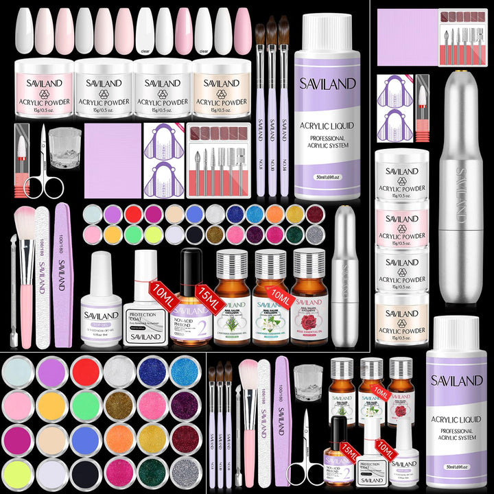 SAVILAND Acrylic Nail Kit contents including powders and drill