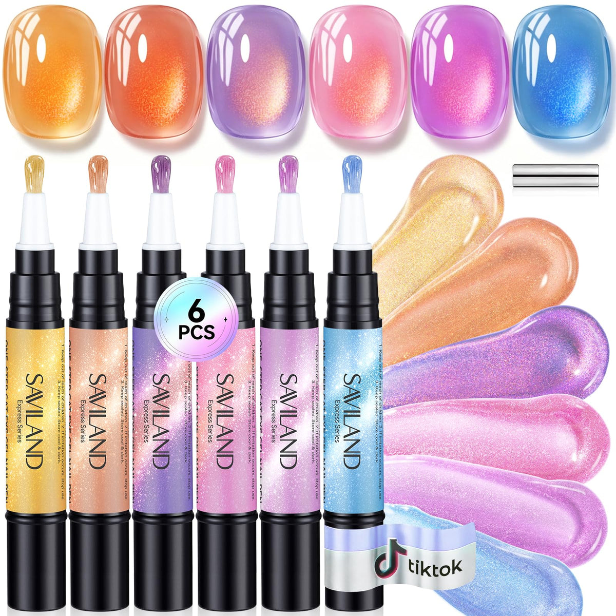 SAVILAND Cat Eye One-Step Gel Nail Polish Pens front view showing 6 colours