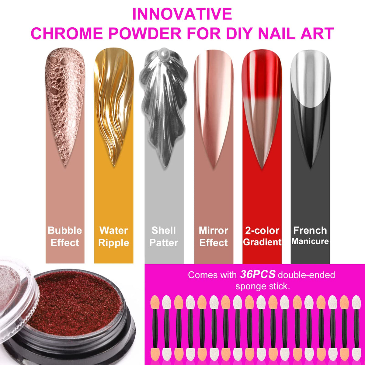 SAVILAND chrome powders applied to nails showcasing mirror effect