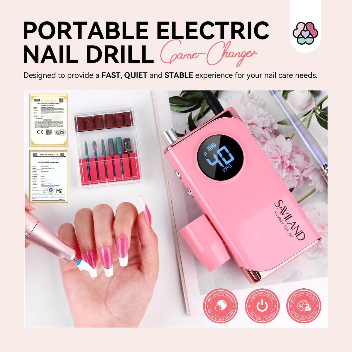 SAVILAND Electric Nail Drill showing precision speed control dial