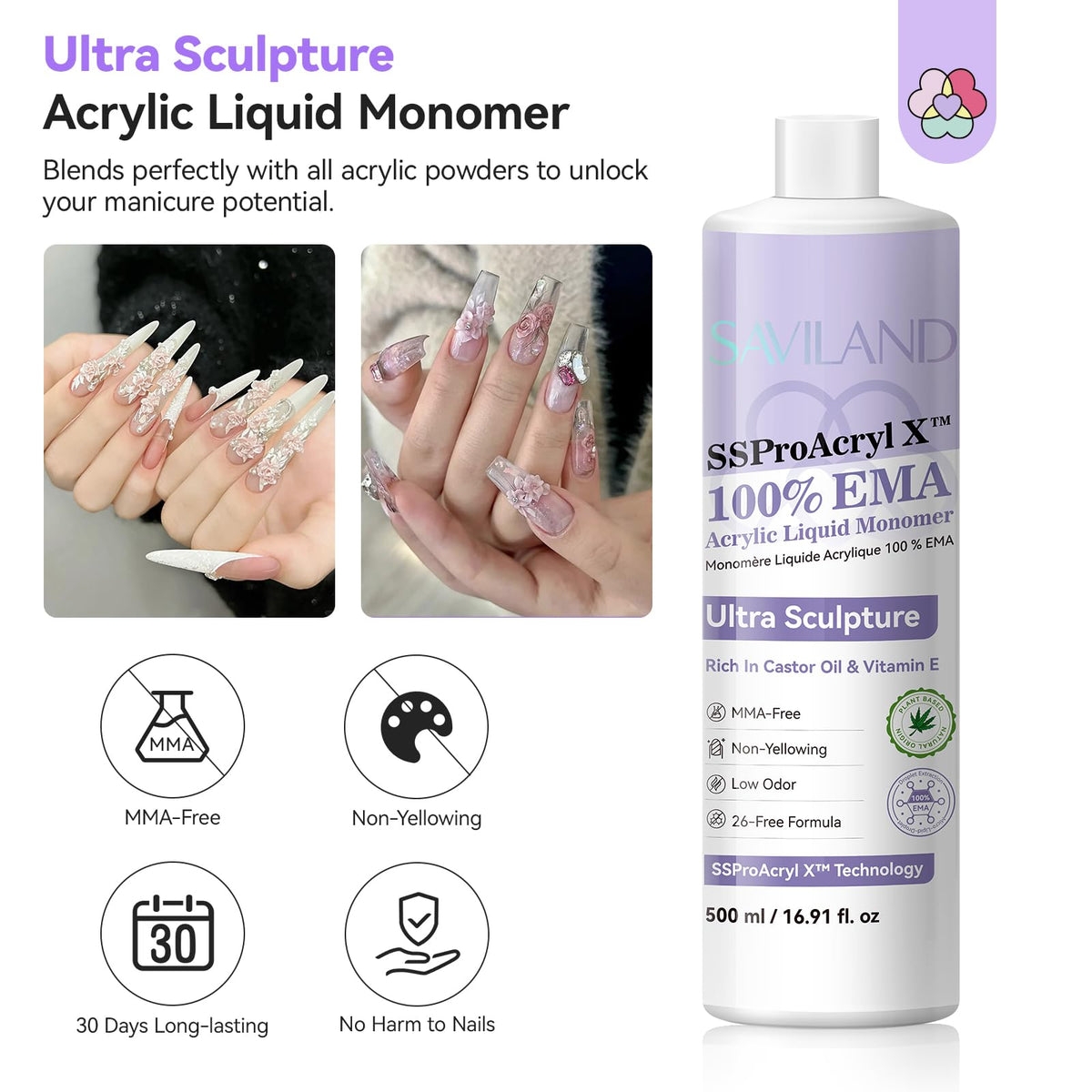 SAVILAND EMA Acrylic Liquid Monomer 16.91 oz with nail art supplies