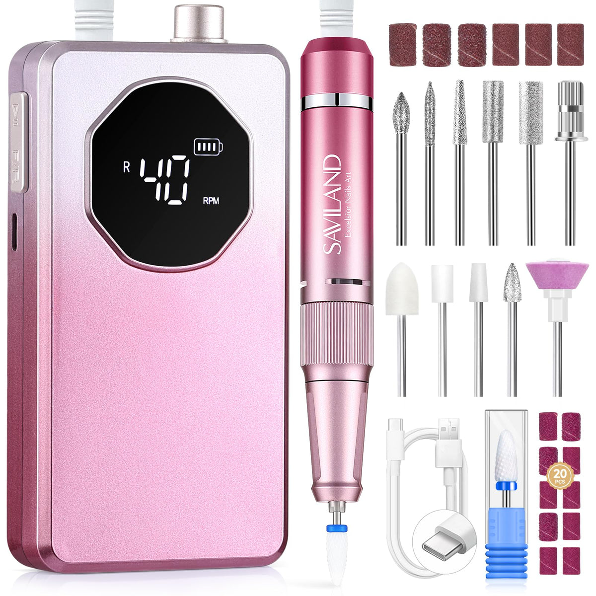 SAVILAND Fast Removal Nail Drill front view with pink-white gradient finish