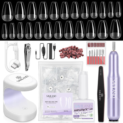 SAVILAND Gel Nail Kit front view with nail tips and drill