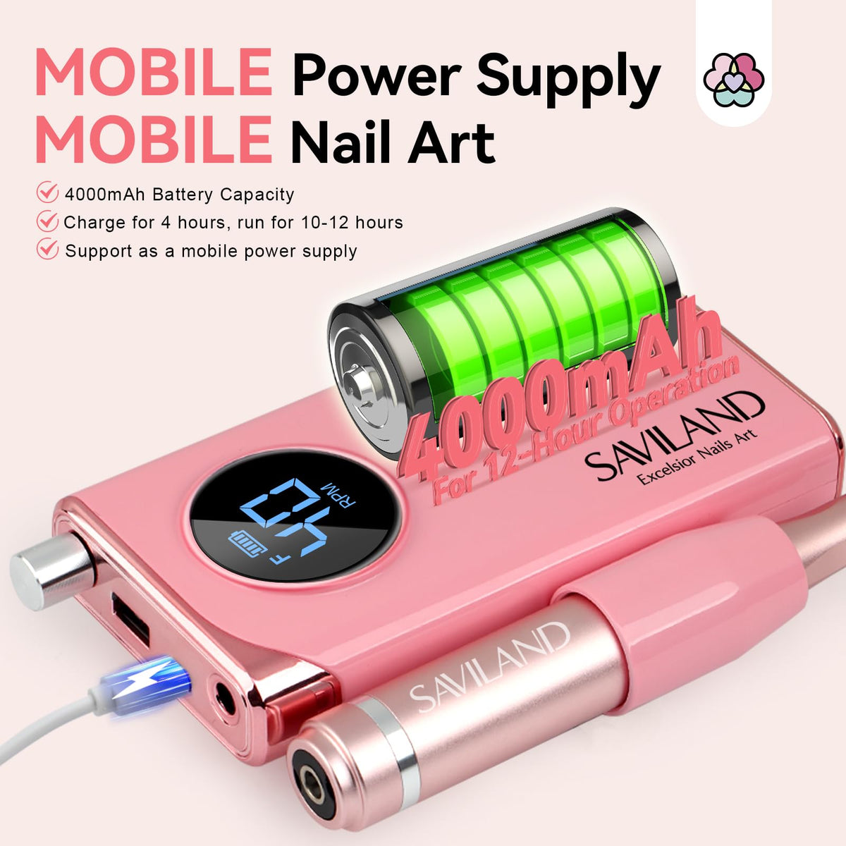 SAVILAND Nail Drill kit showing backside clip and rotary knob
