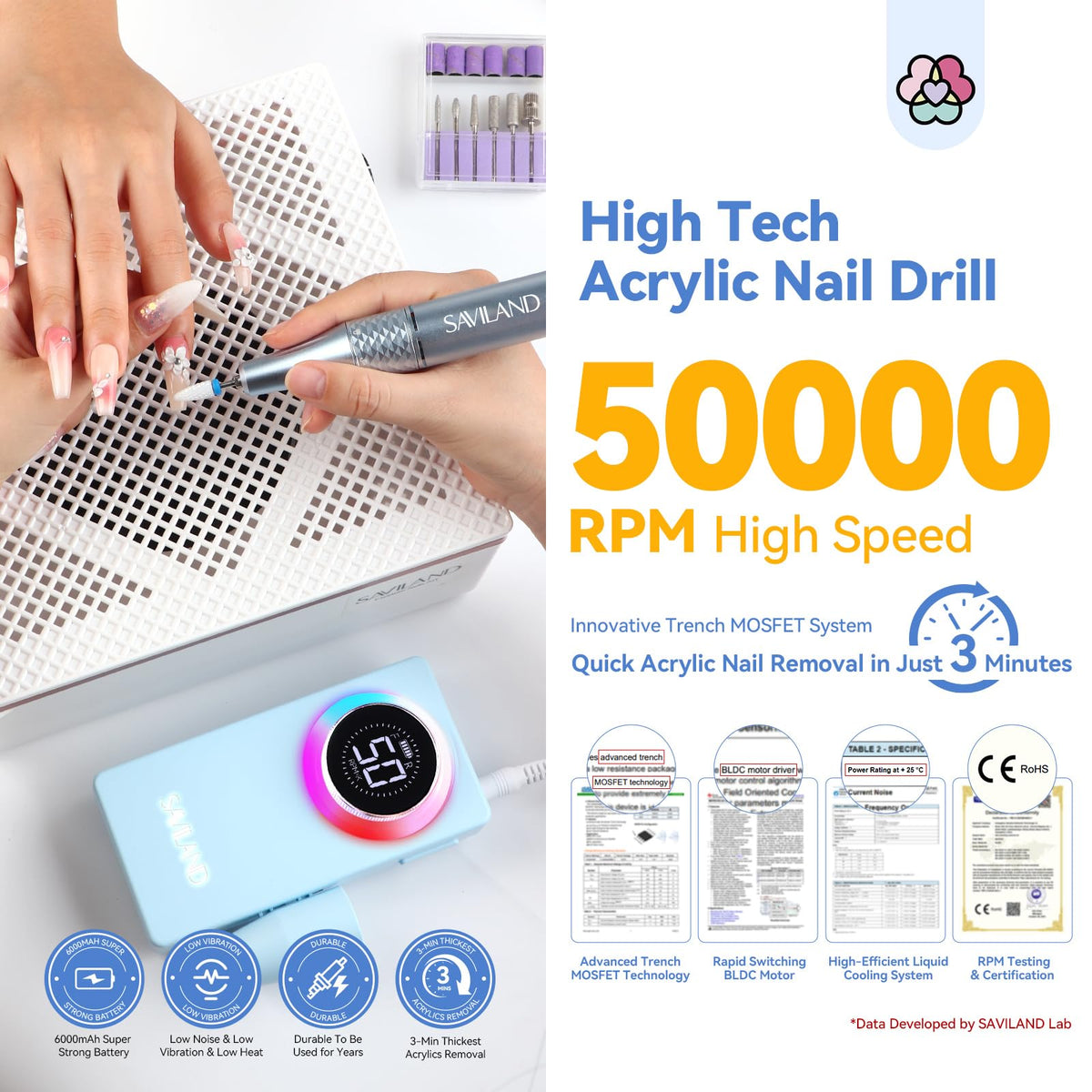 SAVILAND Nail Drill LCD display showing speed and battery