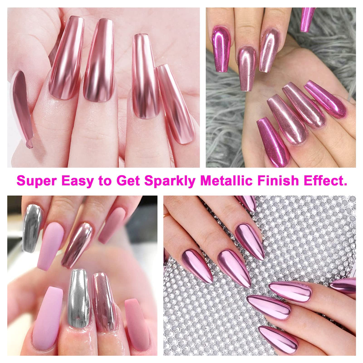 SAVILAND nail powders showing different chrome effects on nails