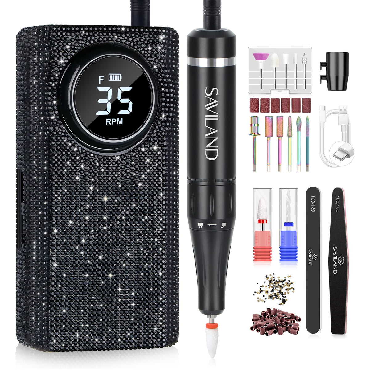 SAVILAND Portable Electric Nail Drill front view with black crystal finish