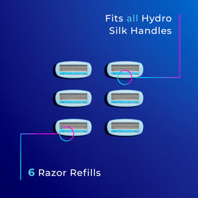 Schick Hydro Silk Moisture Razor Blade Refills 6 Count on a bathroom shelf