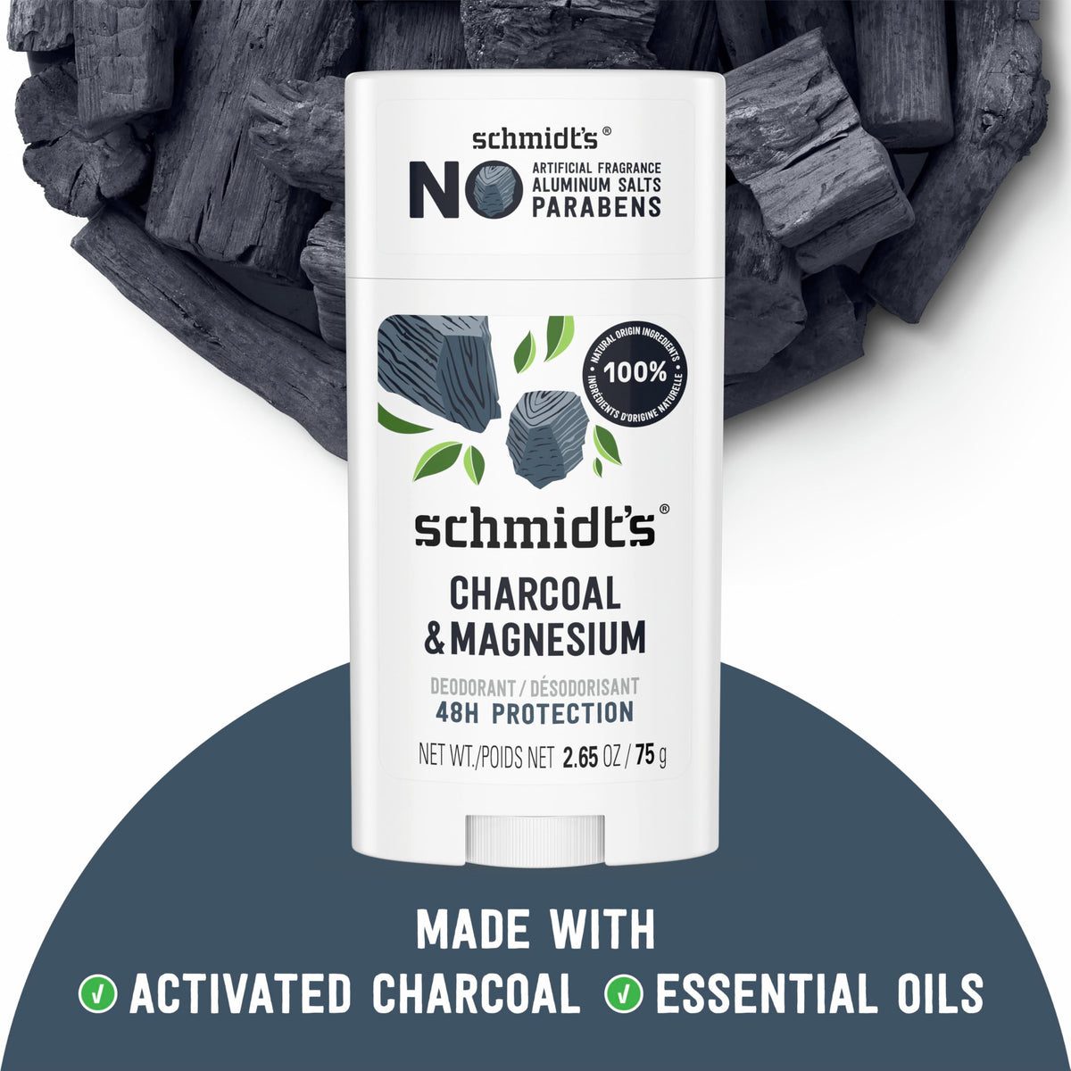 Schmidt's Charcoal & Magnesium Vegan Deodorant in a bathroom setting