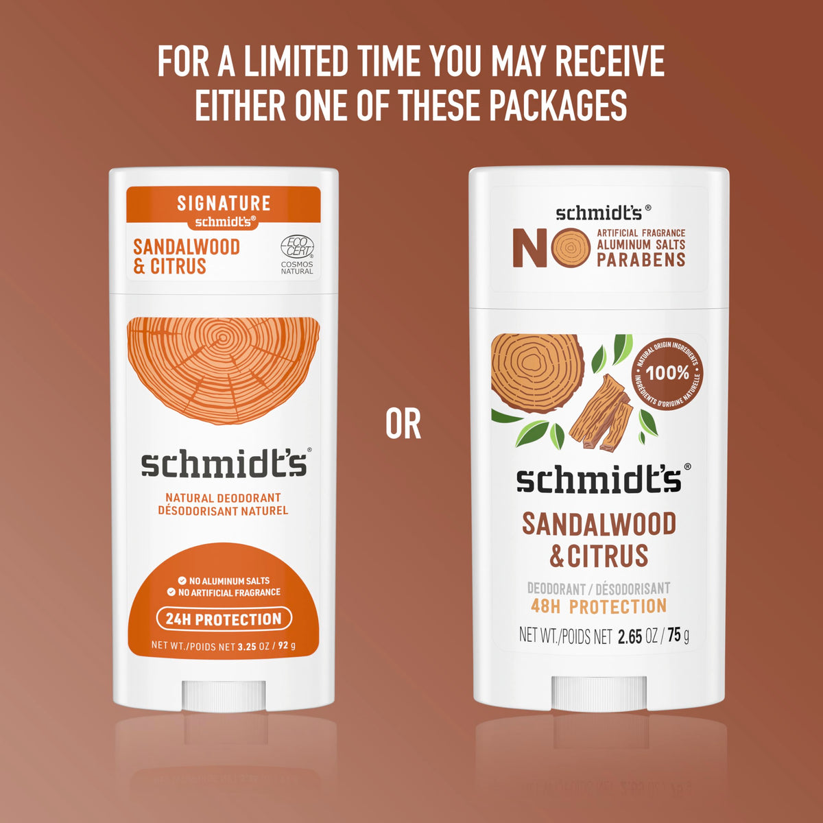 Schmidt's Sandalwood & Citrus Vegan Deodorant on a bathroom shelf
