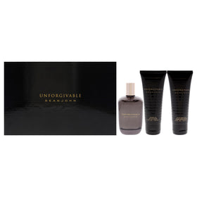 Sean John Unforgivable Men 3 Piece Gift Set front view with EDT, shower gel, and after shave balm