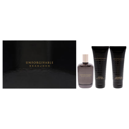 Sean John Unforgivable Men 3 Piece Gift Set front view with EDT, shower gel, and after shave balm