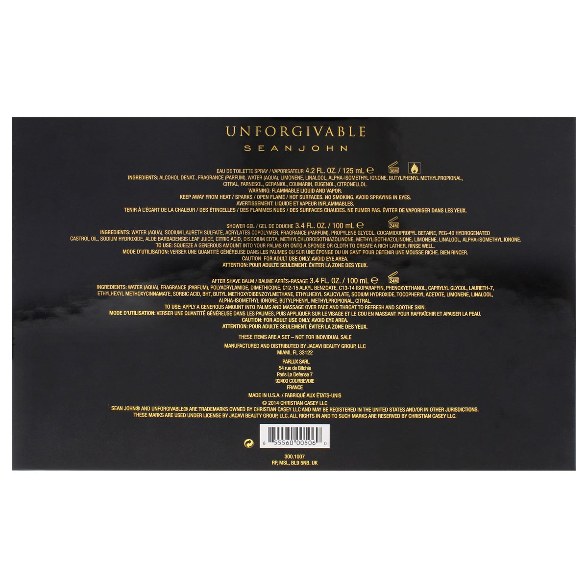 Sean John Unforgivable Men 3 Piece Gift Set with ingredients list