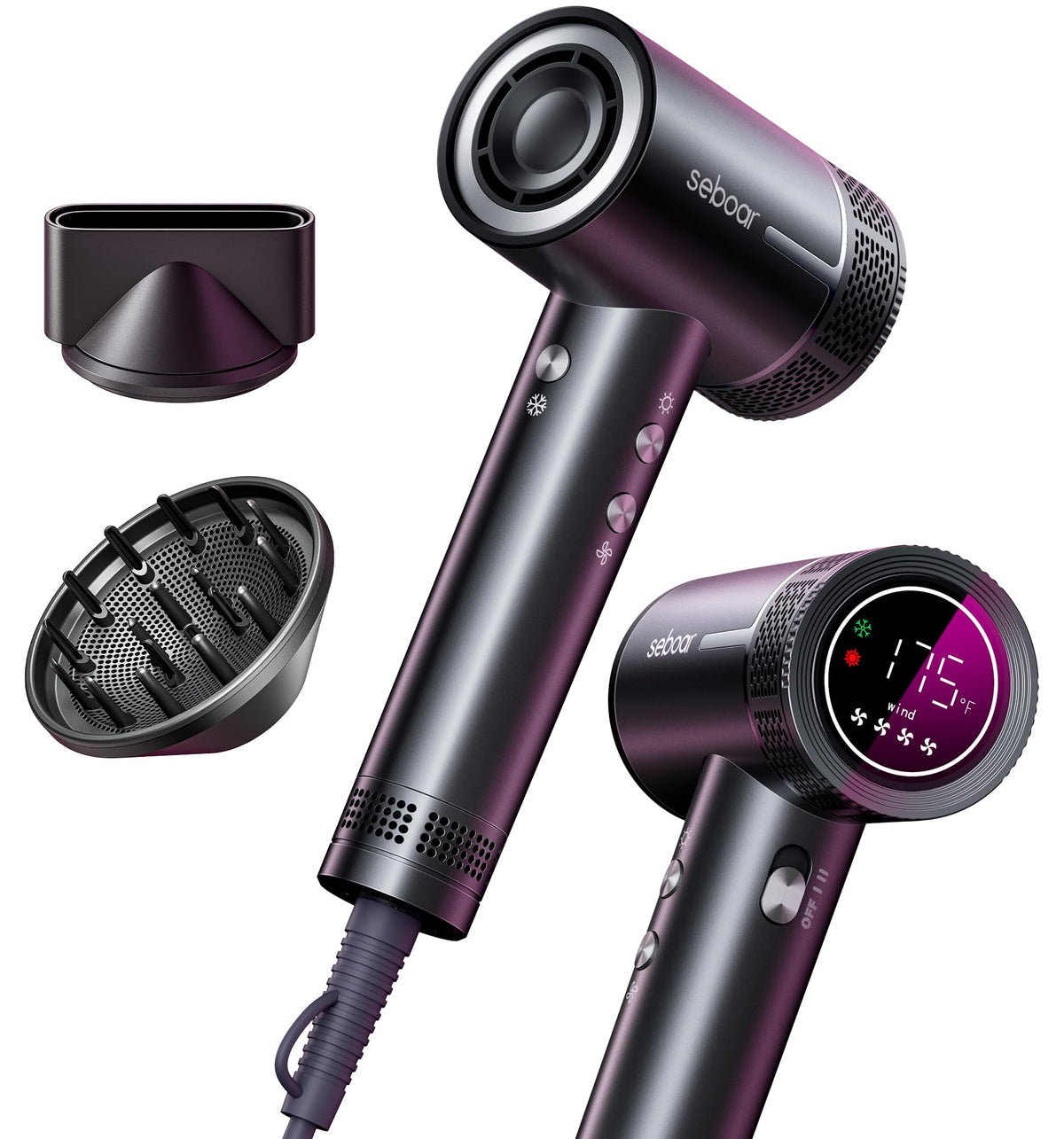 seboar High-Speed Ionic Hair Dryer front view with LCD display