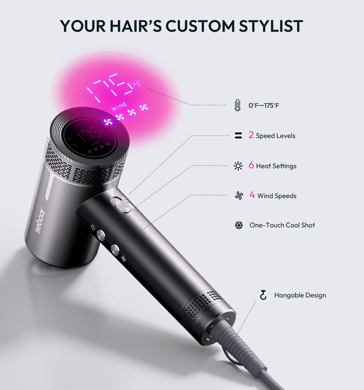seboar High-Speed Ionic Hair Dryer on a bathroom counter