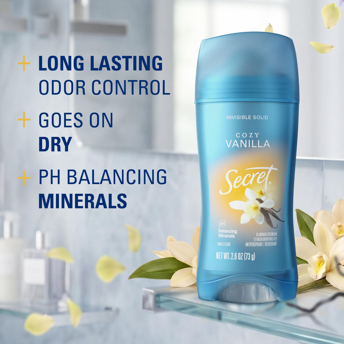 Secret Antiperspirant Deodorant showing pack of three in cozy vanilla scent