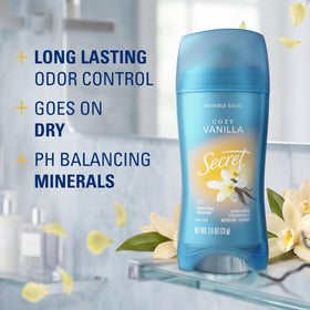 Secret Antiperspirant Deodorant showing pack of three in cozy vanilla scent