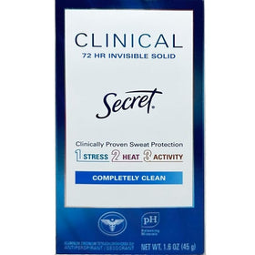 Secret Clinical Completely Clean Deodorant 3-pack on a bathroom shelf