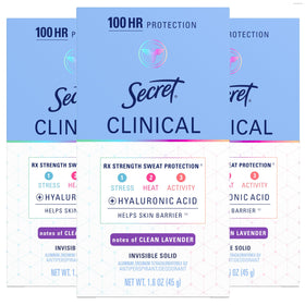 Secret Clinical Strength Antiperspirant Deodorant front view, pack of 3