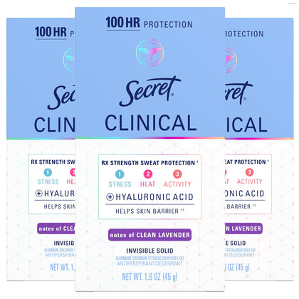 Secret Clinical Strength Antiperspirant Deodorant front view, pack of 3